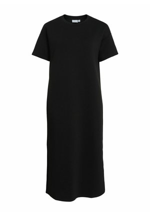 Schwarzes T-Shirt-Kleid mit kurzen Ärmeln, Rundhalsausschnitt und gerader Silhouette. Hergestellt aus weichem Stoff, mit seitlichen Schlitzen für Bewegungsfreiheit.