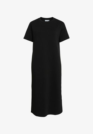 Vestido negro de camiseta con mangas cortas, escote redondo y silueta recta. Hecho de tela suave, cuenta con aberturas laterales para mayor comodidad al moverse.