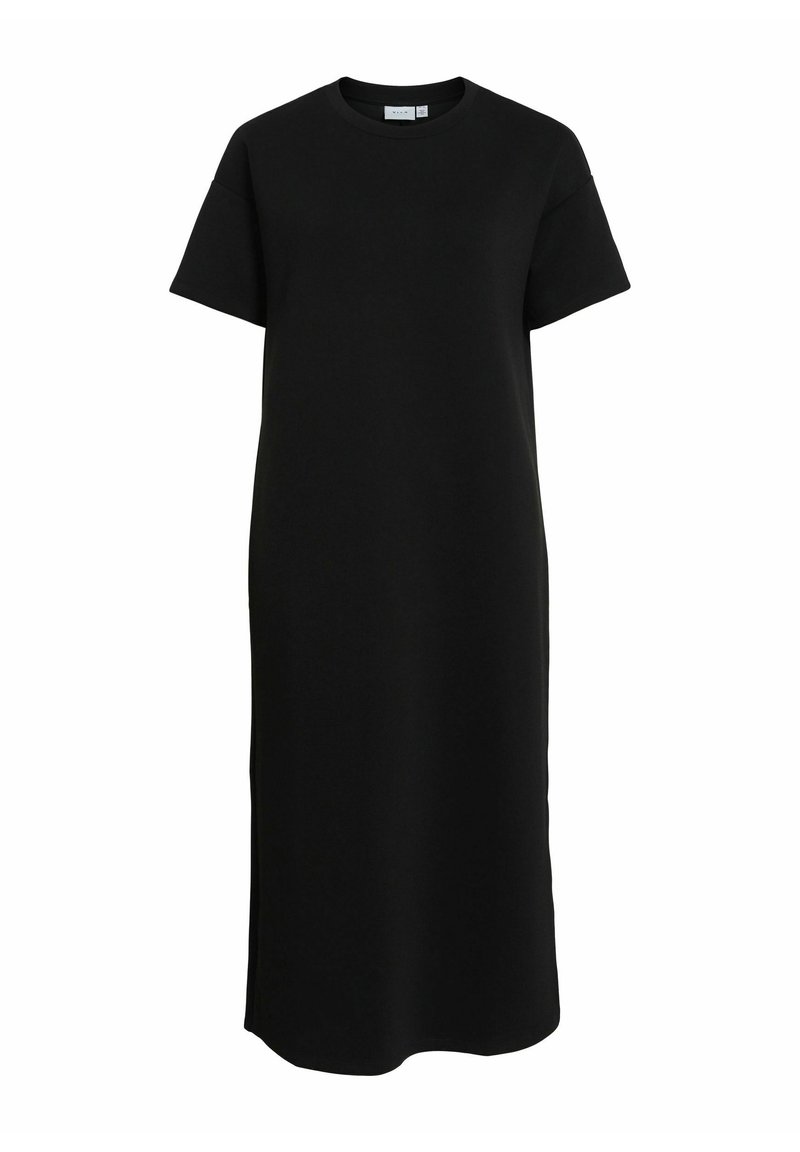 Vestido negro de camiseta con mangas cortas, escote redondo y silueta recta. Hecho de tela suave, cuenta con aberturas laterales para mayor comodidad al moverse.