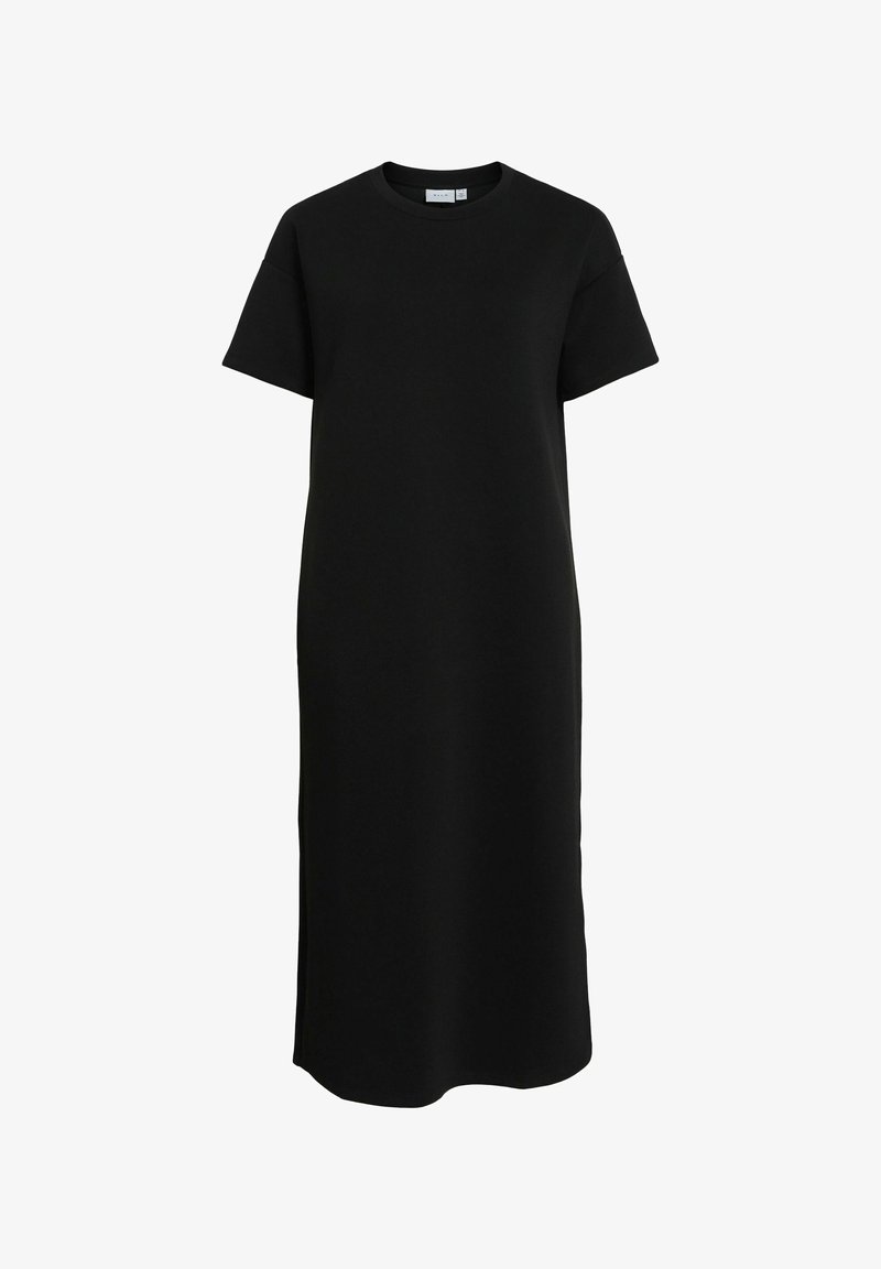 Vestido negro de camiseta con mangas cortas, escote redondo y silueta recta. Hecho de tela suave, cuenta con aberturas laterales para mayor comodidad al moverse.