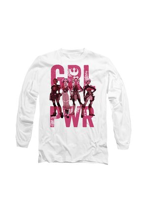 Weißes Langarmhemd mit vier weiblichen Star Wars Figuren, die selbstbewusst über einem auffälligen pinkfarbenen Schriftzug mit der Aufschrift „GRL PWR“ stehen.