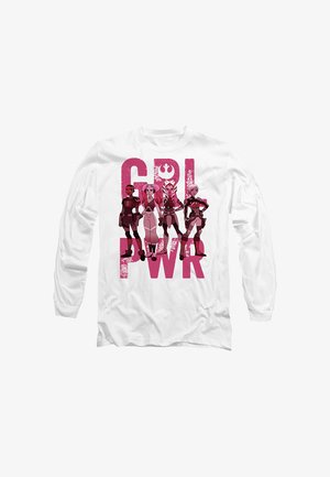 Weißes Langarmhemd mit vier weiblichen Star Wars Figuren, die selbstbewusst über einem auffälligen pinkfarbenen Schriftzug mit der Aufschrift „GRL PWR“ stehen.