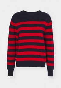 Pulover cu dungi roșii și bleumarin, realizat dintr-un material tricotat moale. Dispune de un decolteu rotund și manșete și tiv cu nervuri. Model clasic cu dungi orizontale.