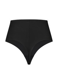 Schwarze hochgeschnittene Slips aus glattem Stoff, mit nahtlosem Design und tiefem Beinausschnitt. Schlichte, ungemusterte Optik.