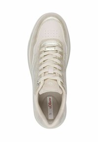 Beige sneaker with textured synthetic upper, round toe, and padded tongue. Features lace-up design and logo on side.