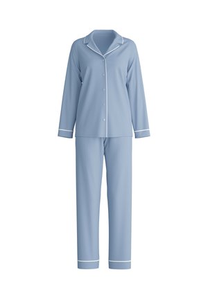Lichtblauw, lang mouws, knoopsluitend pyjamashirt met bijpassende broek, beide met witte bies aan de kraag, manchetten en pijpzomen.