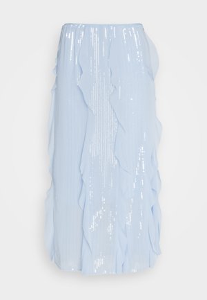 Falda midi de color azul claro hecha de tela de lentejuelas, con bordes rizados y una cómoda cintura elástica. Textura suave con acentos brillantes.