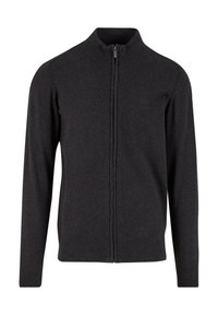 Dark gray long-sleeve zip-up sweater with ribbed cuffs and collar, featuring a subtle logo on the left chest area.