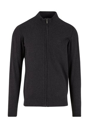 Maglione grigio scuro con zip a maniche lunghe, dotato di polsini e colletto a coste, con un logo discreto nella zona sinistra del petto.