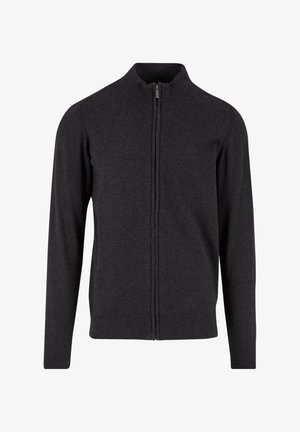 Tamno sivi dukserica s dugim rukavima i rajsferšlusom, s rebrastim manžetama i ovratnikom, koja sadrži suptilan logotip na lijevoj strani prsnog dijela.