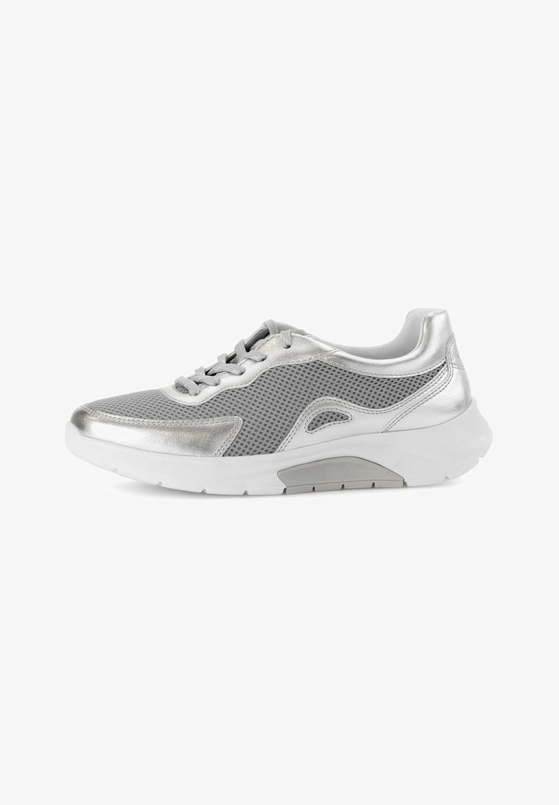 Gray athletic shoe with metallic silver accents, mesh panels, rounded toe, and white rubber sole. Features laces and cushioned collar.
