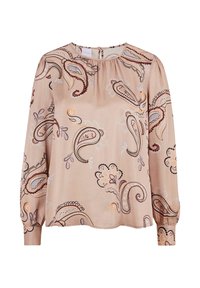 Langärmlige Bluse in Blush-Optik aus Satin mit einem Paisleymuster in Weinrot, Orange und Grau. Sie verfügt über einen gerafften Ausschnitt und eine Knopfleiste im Rücken.