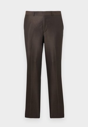 Pantaloni maro croiți, cu un model subtil în carouri, față plată, croială ajustată, picioare drepte și textură netedă.