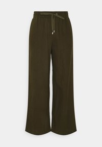 Oliwkowe spodnie szerokie z elastyczną talią i regulowanym sznurkiem, wykonane z lekkiego materiału.