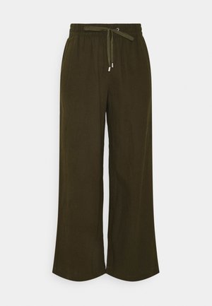 Pantaloni ampi verde oliva con vita elastica e cordoncino regolabile, realizzati in tessuto leggero.