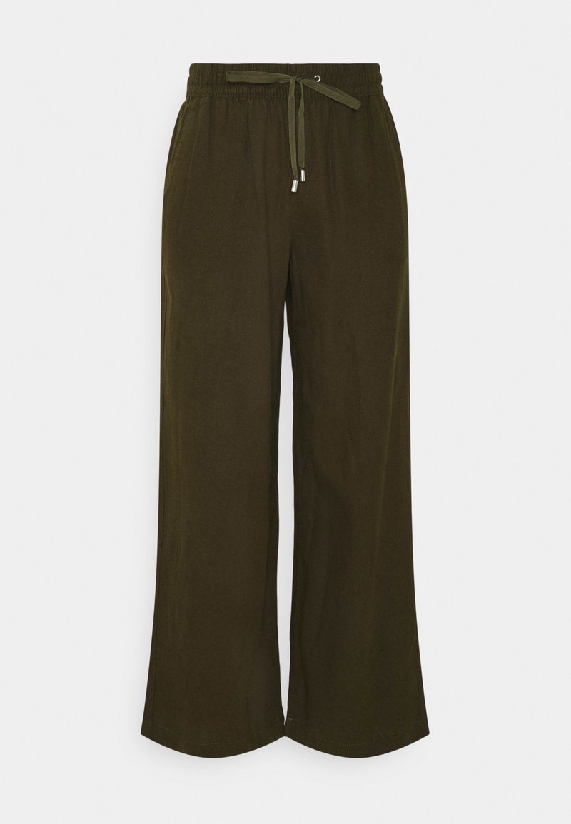 Oliwkowe spodnie szerokie z elastyczną talią i regulowanym sznurkiem, wykonane z lekkiego materiału.