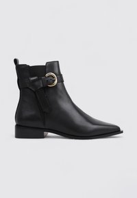 Black leather ankle boots with a pointed toe, low block heel, and a decorative gold buckle strap for accent. Smooth texture with minimal detailing.