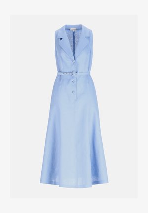 Gaismas zilas krāsas midi kleita bez piedurknēm ar atloku apkakli, pogām priekšpusē un jostu viduklī, izgatavota no viegla auduma.