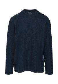 Marineblauw T-shirt met lange mouwen van zachte, textuurstof met een ronde halslijn en een klein logo op de borst. Eenvoudig ontwerp met rechte snit.
