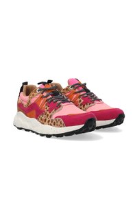 Colorful sneakers featuring a mix of pink, orange, and leopard print suede, black laces, and a speckled white midsole. Textured upper sections.