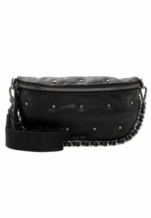 Black leather crossbody bag with silver studs, zipper closure, and chain-link strap with adjustable black fabric band.