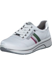 White leather sneaker with gray sole, silver accents, and multicolored stripes (green, pink, purple) on the side. Features lace-up design.