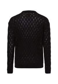 Zwarte gebreide trui met een ruitpatroon, lange mouwen en een ronde halslijn. Geweven met een los ontwerp voor ademend vermogen.