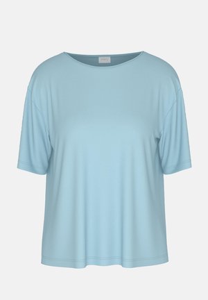 Light blue short-sleeve loose-fit T-shirt with round neckline and straight hem on plain background.