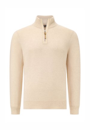 Krémový svetr s dlouhým rukávem, vyrobený z pleta s žebrovanými manžetami a spodním lemem, se stahovacím límcem a částečným zipem na přední straně s koženým táhlem.