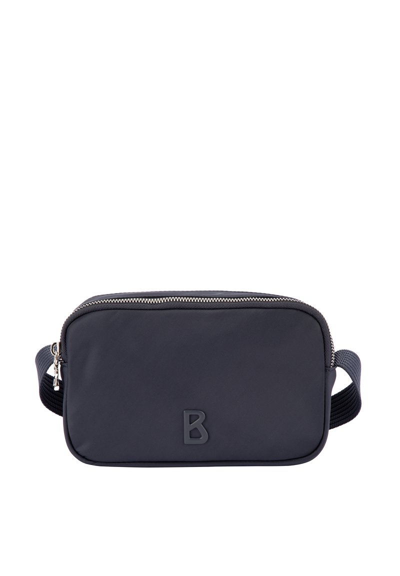 Borsa a tracolla nera in nylon con chiusura a zip, forma rettangolare, superficie liscia, con logo in rilievo sul davanti e tracolla regolabile.