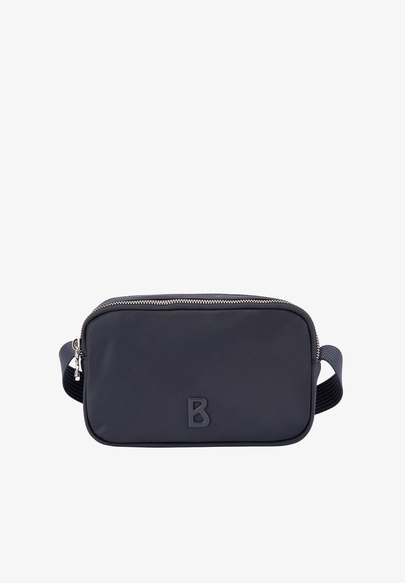 Borsa a tracolla nera in nylon con chiusura a zip, forma rettangolare, superficie liscia, con logo in rilievo sul davanti e tracolla regolabile.