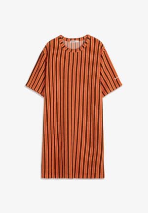 Robe à manches courtes, longueur au genou, avec des rayures verticales orange, marron et jaune et un col rond.