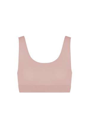 Reggiseno seamless rosa chiaro con spalline larghe e una texture liscia. Presenta un design semplice e un elastico nella parte inferiore con un branding sobrio.