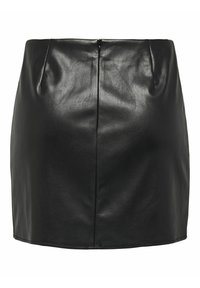 Zwarte neplederen minirok met een voornaad en subtiele plooien bij de tailleband.
