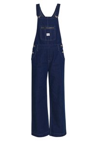 Ciemnoniebieskie ogrodniczki z szerokimi nogawkami. Posiadają regulowane ramiączka, przednie kieszenie oraz kieszeń na zamek. Wyróżniają się stębnowaniem na całej powierzchni.