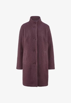 Burgunderfarbener Wollmantel mit hohem Kragen, ausgestattet mit fünf Knöpfen, zwei Seitentaschen und einer strukturierten Oberfläche für zusätzliche Wärme.