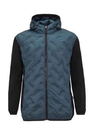 Gewatteerde hoodie met een blauwe voorzijde en zwarte mouwen. Het materiaal is textuurvol en glad, met een ritssluiting aan de voorkant en zijzakken.