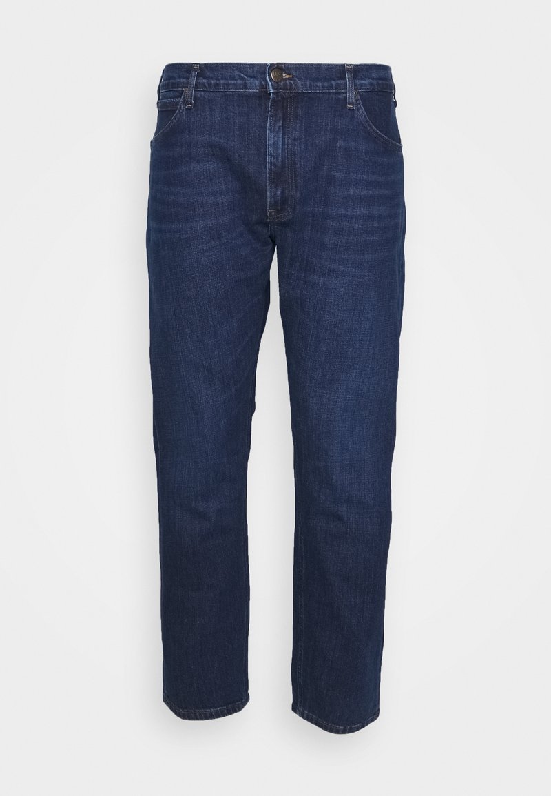 Dark blue denim jeans with a straight leg design, five-pocket style, visible stitching, and a button closure at the waist.