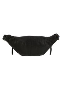 Black leather waist bag with adjustable straps and central seam detail, designed for hands-free carrying.