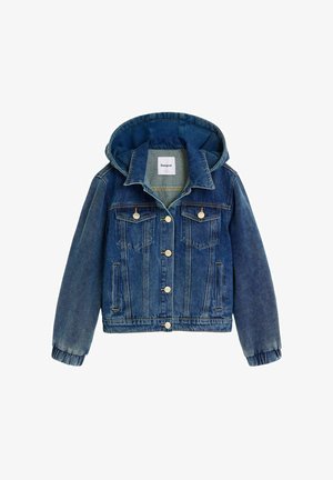 Blå denimjakke med fastmonteret hætte, knapholt lukning foran, to brystlommer med klap og elastiske manchetter.
