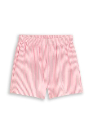 Rosa-weiß vertikal gestreifte Shorts mit elastischem Bund, flach auf weißem Hintergrund dargestellt.