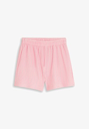 Rosa-weiß vertikal gestreifte Shorts mit elastischem Bund, flach auf weißem Hintergrund dargestellt.
