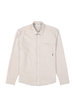 Lichtbeige langetermijnshirt gemaakt van textuurstof, met een button-down kraag, een borstzak en een gebogen zoom.