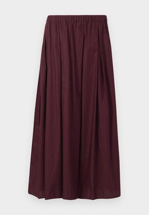 Burgundy midi skirt with an elastic waistband, featuring pleats for volume and a smooth, matte texture. No pockets or additional embellishments.