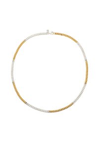 Goldene und silberne Halskette mit verflochtenen Gliedern, abwechselnden Metallfarben und einem Verschluss in Krebsklauen-Form. Glatte Textur.