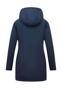 Marineblauw waterdicht jack met capuchon, lange mouwen en een gladde textuur. Voorzien van goudkleurige accenten voor extra detail.