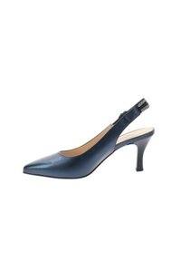 Escarpin à talon en cuir bleu foncé, bout pointu, hauteur de talon modérée, avec des accents décoratifs sur la bride. Texture lisse, design épuré.
