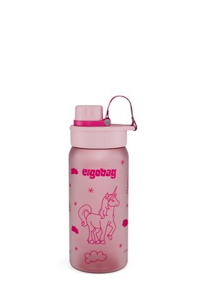 Transparente rosa Plastik-Wasserflasche mit einem Einhorn-Design, einem Schraubverschluss und einem rosa Tragegurt. Sterne und Wolken schmücken die Oberfläche.