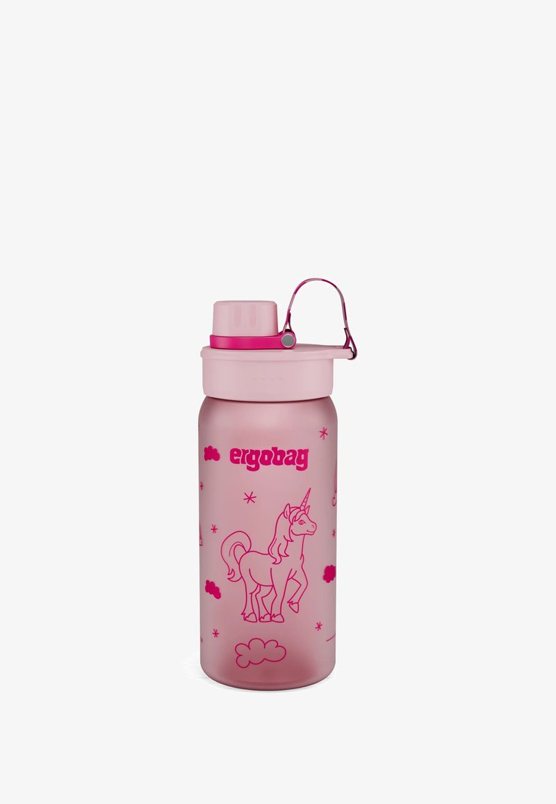 Transparente rosa Plastik-Wasserflasche mit einem Einhorn-Design, einem Schraubverschluss und einem rosa Tragegurt. Sterne und Wolken schmücken die Oberfläche.