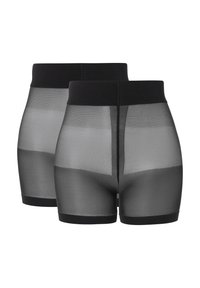 Czarne półprzezroczyste szorty z elastycznym pasem, z fakturowanym wzorem i dopasowanym krojem. Dwie pary wyeksponowane od tyłu.